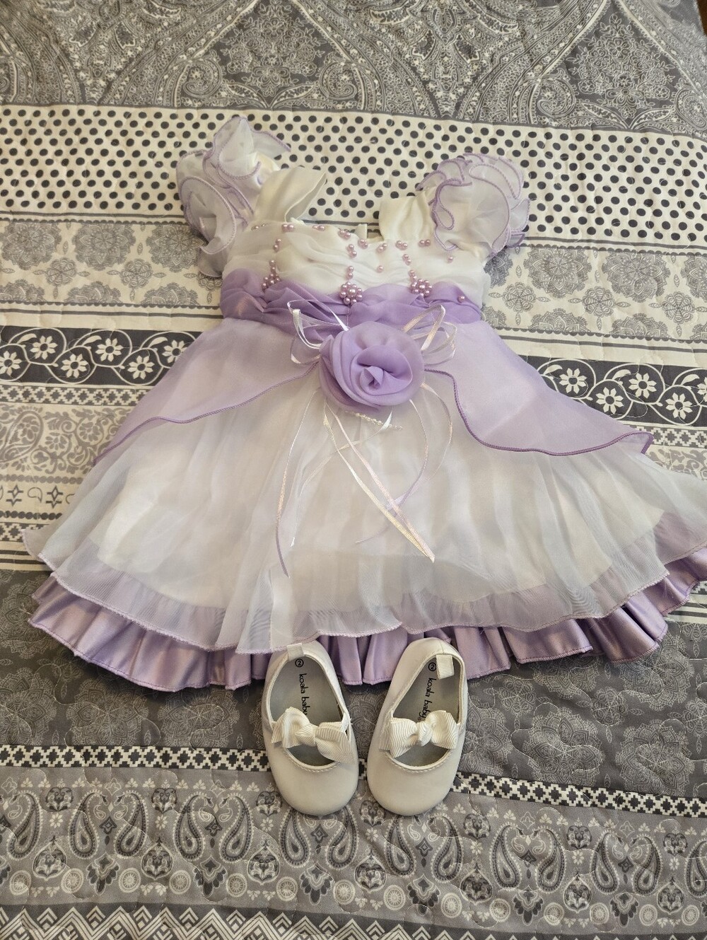 Baby White and Lilac Ruffle Dress Size 6mo with Bow And Shoes Size 2